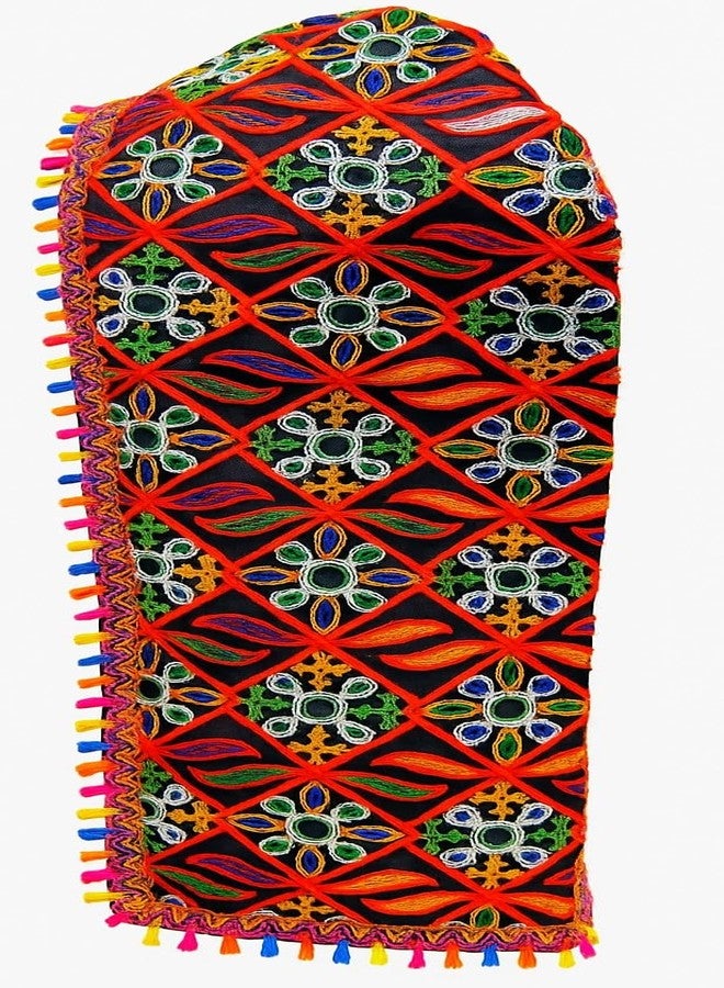 Doorbag غطاء رأس طويل متعدد الألوان لغاربا دانديا من نافراتري مزين بدانتيل كوتشي، وشرابة بوم بوم، وشرابة كودي الصدفية - غطاء رأس تقليدي فاخر للنساء والفتيات (شرابة كودي أو فومكا عشوائية، غطاء رأس طويل بقاعدة سوداء) - Image 4